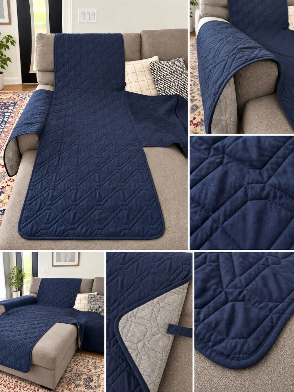 Navy Blue Quilted Sectional Sofa/Couch Protector Cover